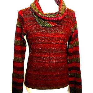 Merino wool cowl neck rainbow Italian knit  vintage boho hippie sweater medium